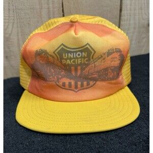 Vintage Union Pacific Rail Road Snapback Hat/Cap Yellow/Orange Mesh Trucker